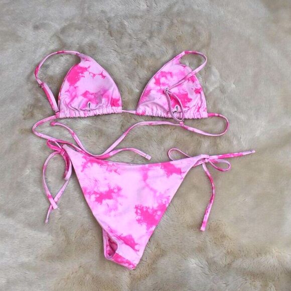 Zanful Pink Tie Dye Print Hot Pink Strappy Bikini Size Large - Picture 7 of 7